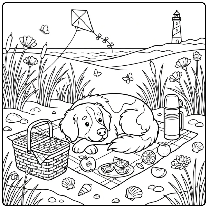 Drentsche Patrijshond in de duinen, een kleurplaat hond volwassenen.