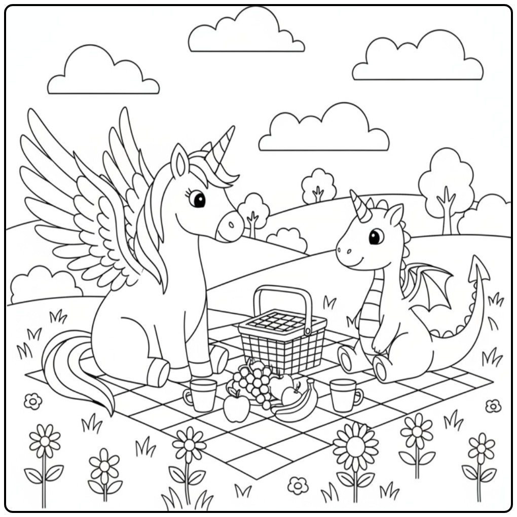 Gezellige kleurplaat eenhoorn met vleugels en een draakje.