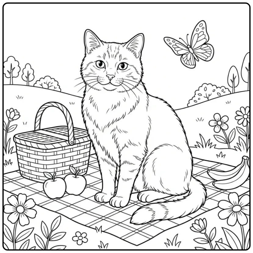 Een schattige kat kleurplaat op een picknickkleed buiten.