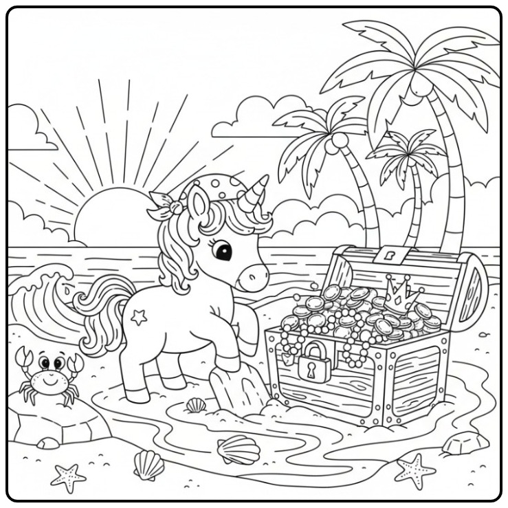 Een kleurplaat eenhoorn schattig als piraat op het strand.