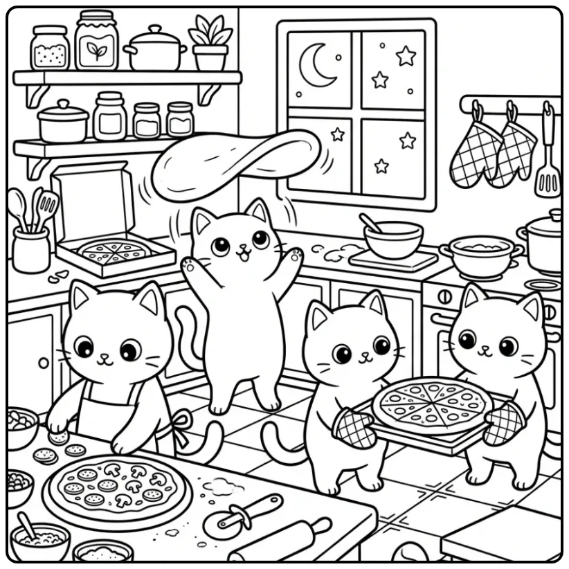 Schattige katten kleurplaat met vier poezen die pizza maken.