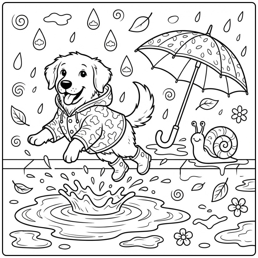 Vrolijke kleurplaat golden retriever springt in een regenplas.