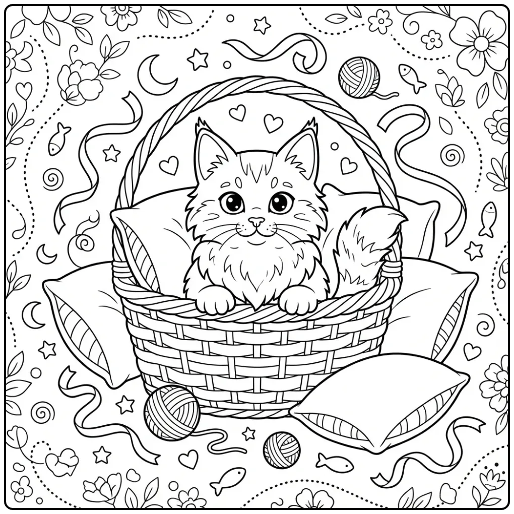 Maine Coon in mand, kleurplaat kitten schattig en speels.