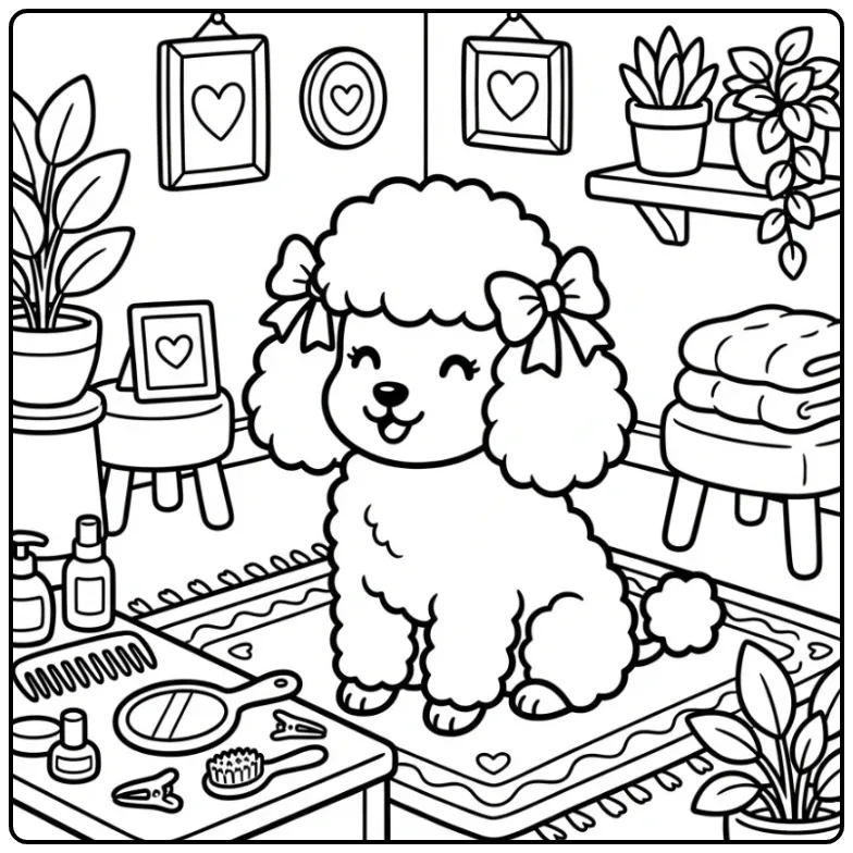 Blije poedel met strikjes kleurplaat hond schattig.