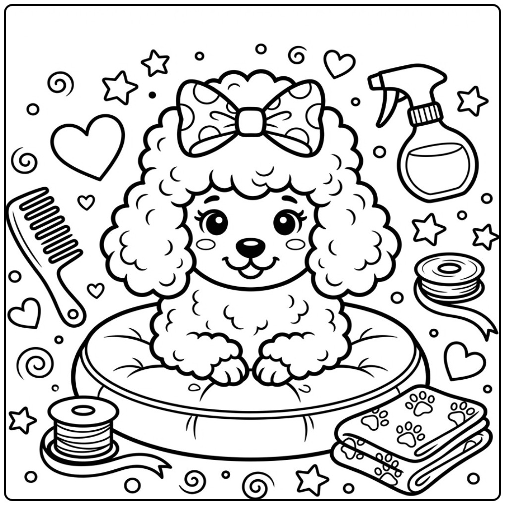 Een schattige kleurplaat hondenkop van een poedel met strik.