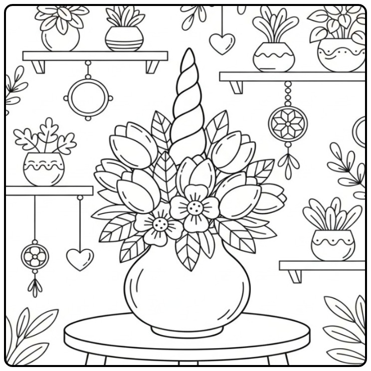 Magische vaas Kleurplaat eenhoorn hoorn en bloemen om te printen.