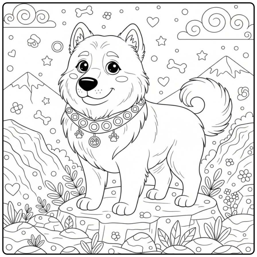 Een Kaukasische herder op een rots, kleurplaat hond moeilijk.