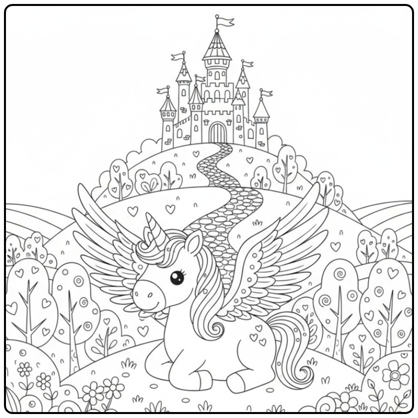 Lieve Kleurplaat eenhoorn met vleugels en kasteel in een sprookjesbos.