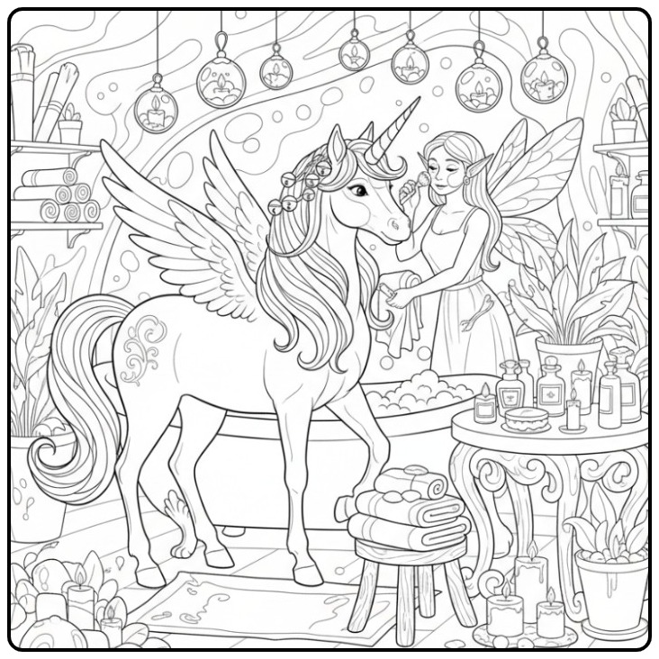 Een lieve kleurplaat elfje en eenhoorn in een magische spa.