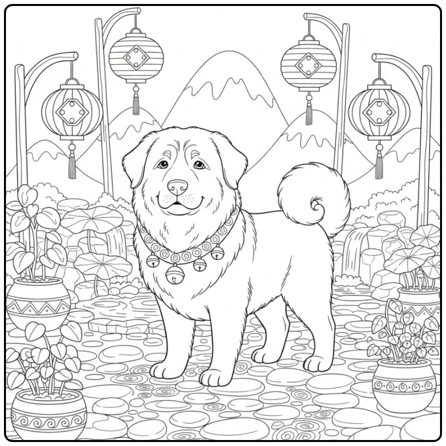 Tibetaanse Mastiff in een serene tuin, kleurplaat hond moeilijk.