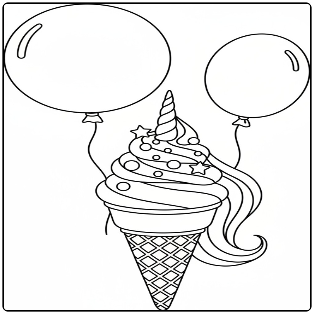 Een vrolijke kleurplaat unicorn ijsje met ballonnen wacht op jouw kleuren.