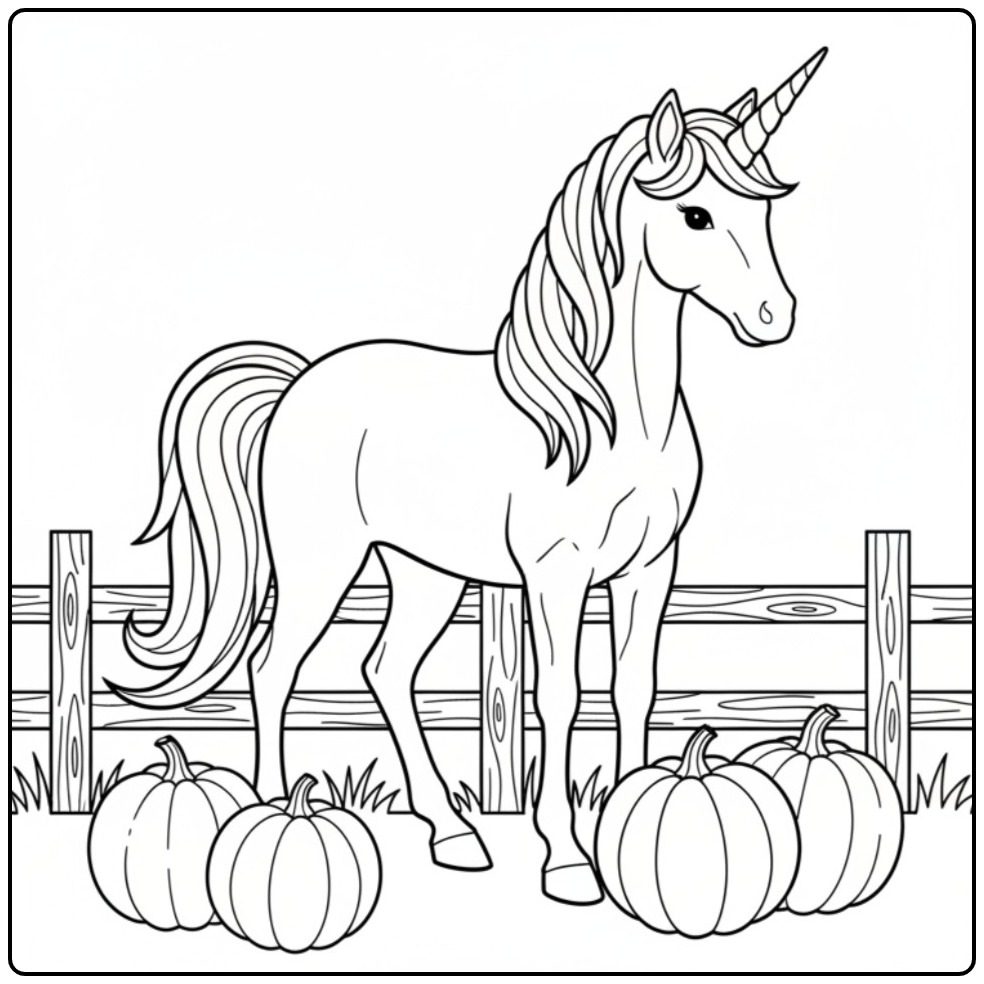 Een mooie unicorn halloween kleurplaat met pompoenen en een hek.