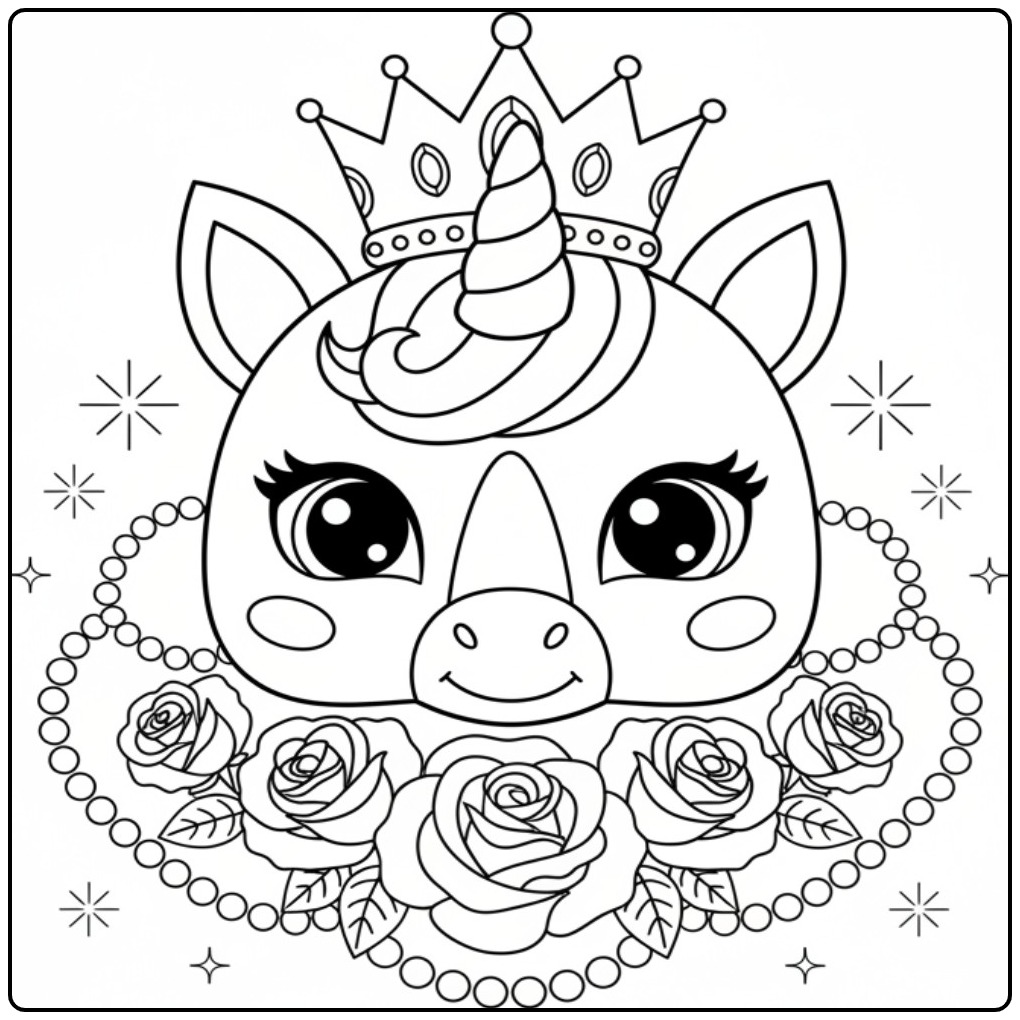 Kleurplaat eenhoorn prinsessen masker met kroon en rozen.
