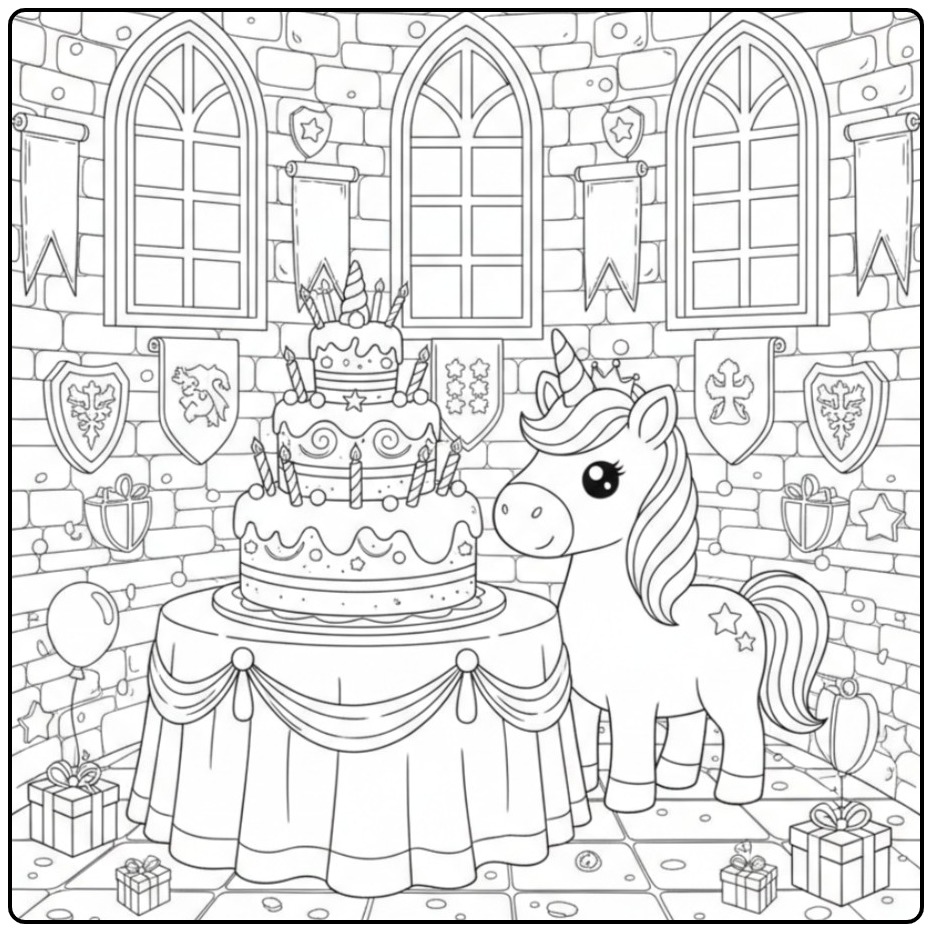 Leuke Kleurplaat eenhoorn met verjaardagstaart in een kasteel.