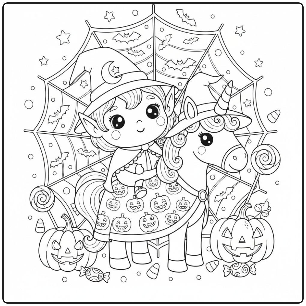 Een leuke Kleurplaat elfje en eenhoorn Halloween in een spinnenweb.