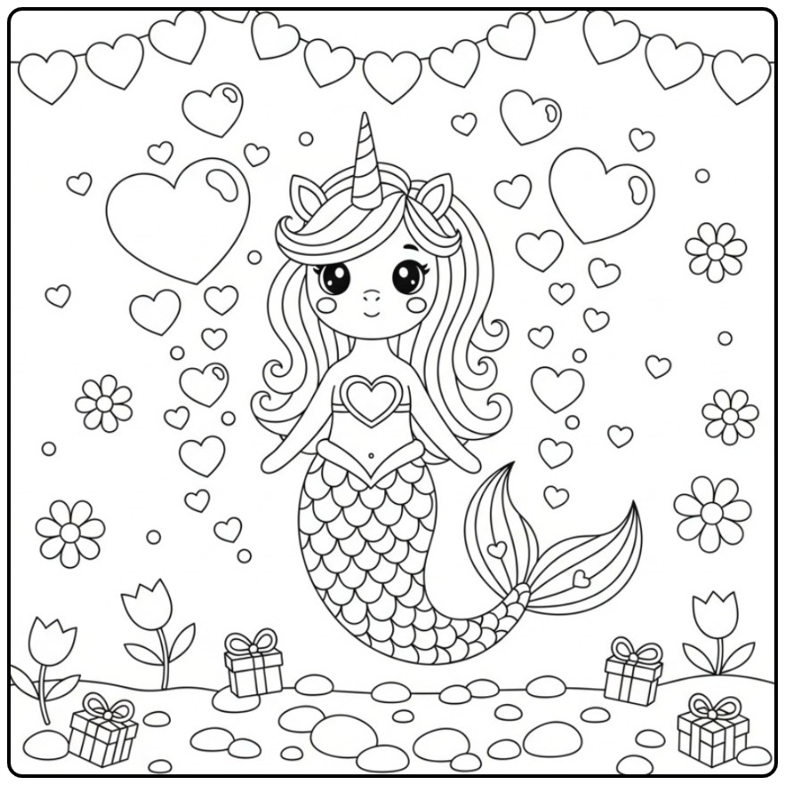 Kleurplaat unicorn zeemeermin met hartjes valentijn en cadeaus.