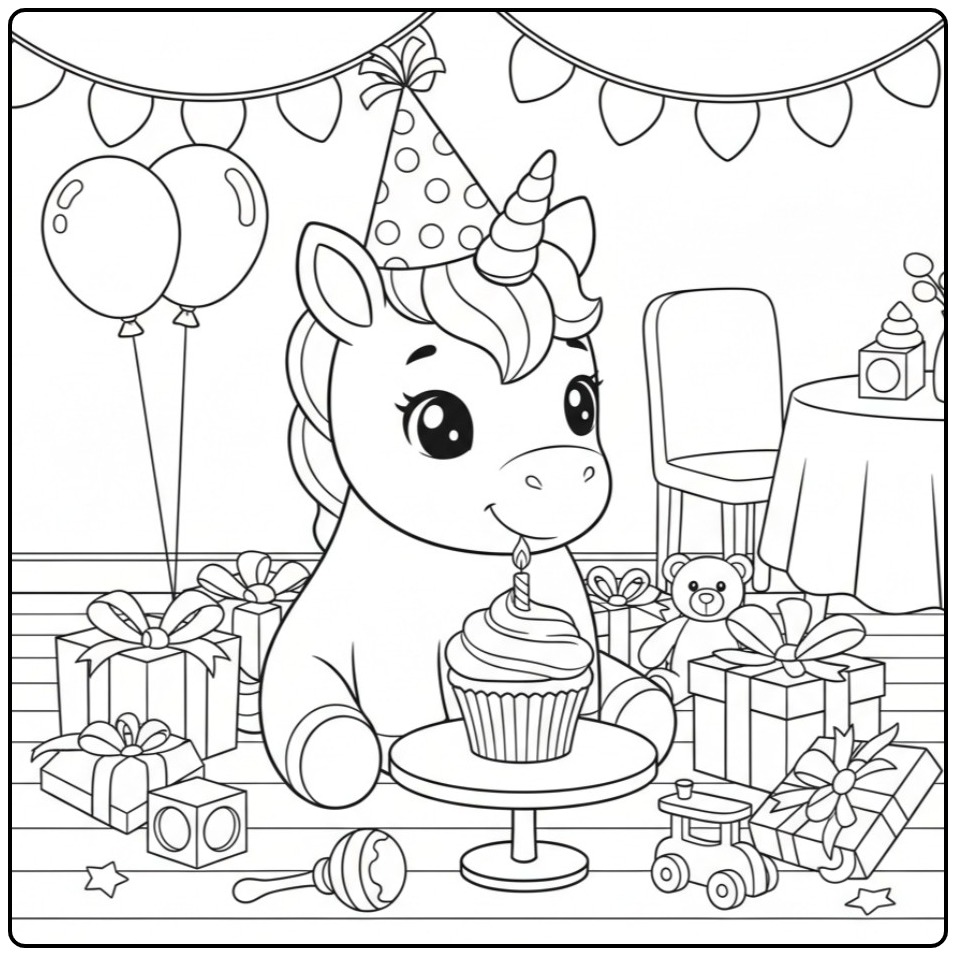 Schattige Kleurplaat baby unicorn op verjaardagsfeestje met taartje.