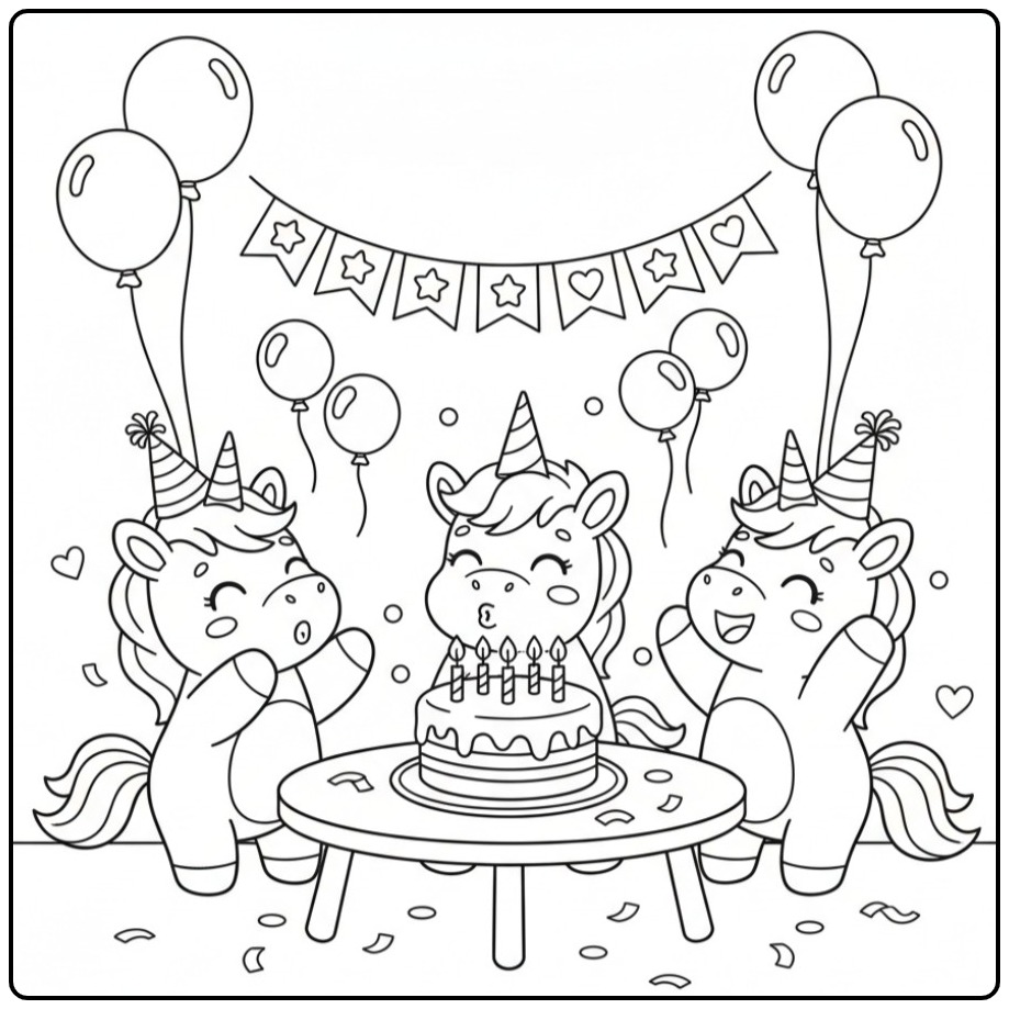 Vrolijke Kleurplaat baby unicorn op verjaardagsfeestje met taart.