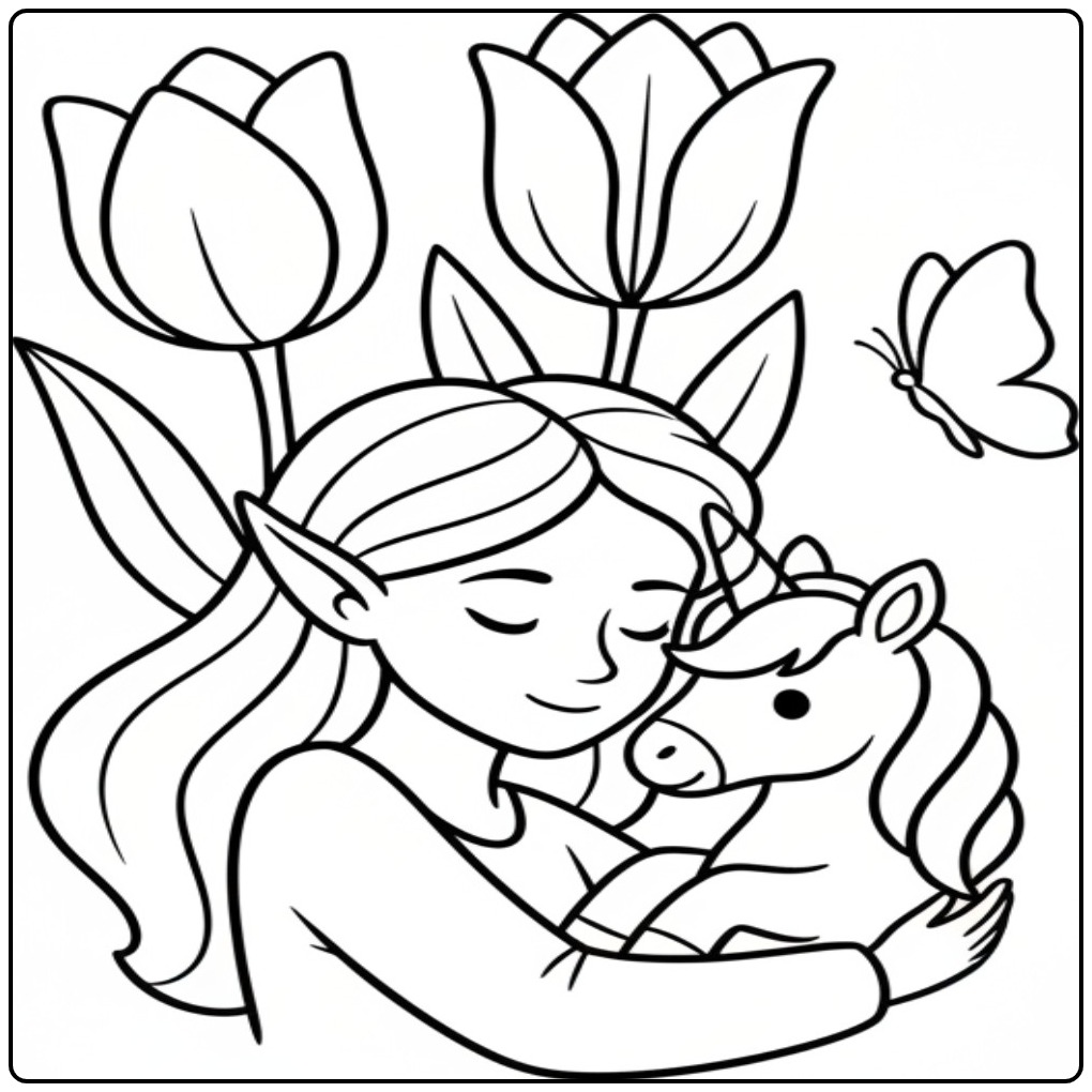 Een schattige kleurplaat elfje en eenhoorn met bloemen.