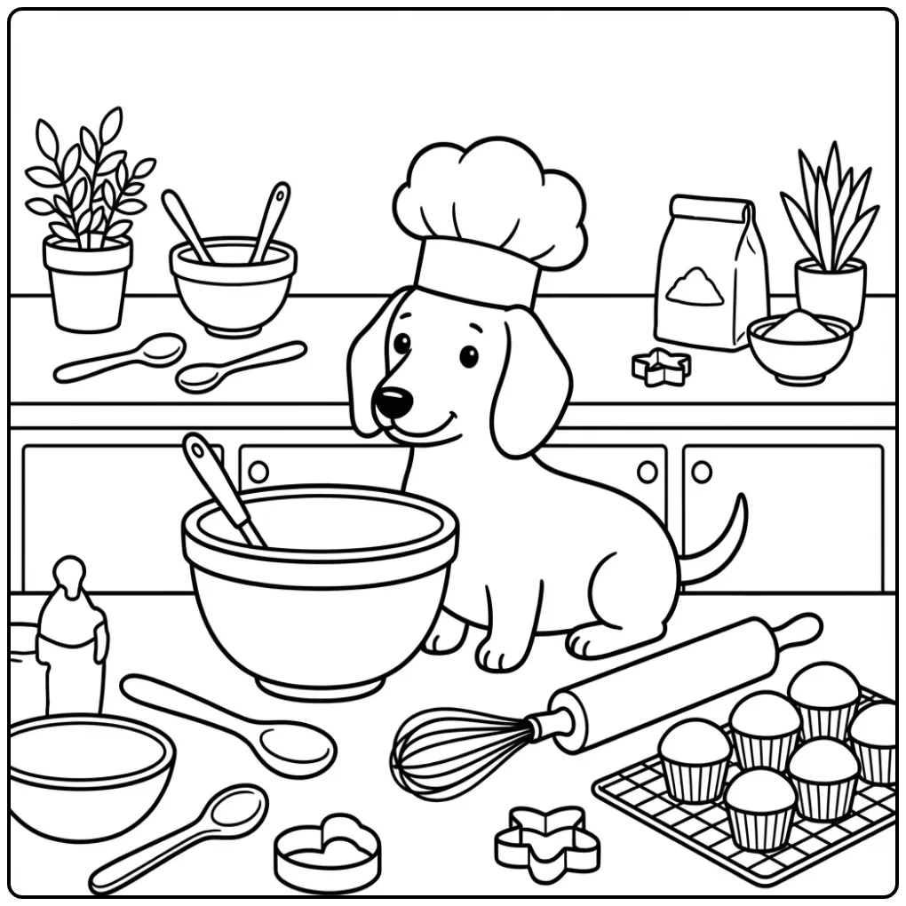 Een leuke kleurplaat hond makkelijk van een teckel als chef-kok.