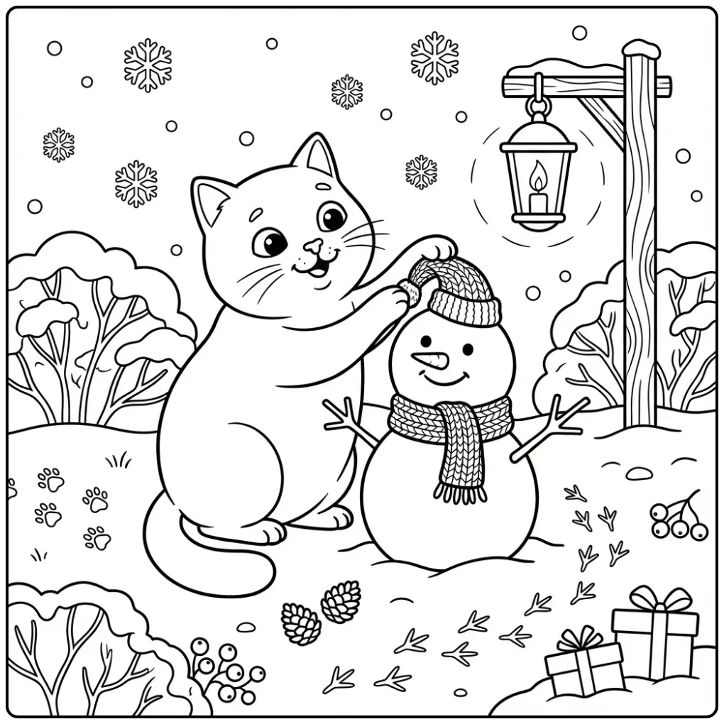 Een leuke kleurplaat kerst kat die een sneeuwpop aankleedt.