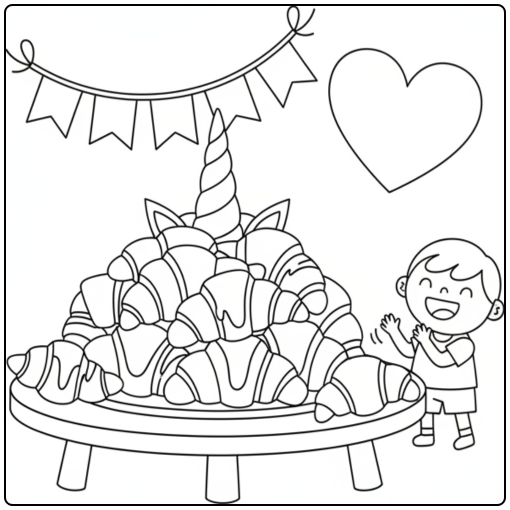 Vrolijke jongen bij een Kleurplaat unicorn Croissant taart.