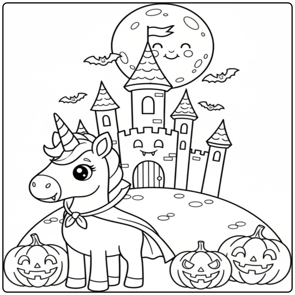 Kleurplaat unicorn heks voor Halloween bij een eng kasteel.