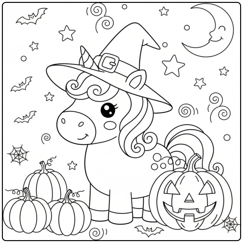 Een schattige en makkelijke halloween unicorn kleurplaat met pompoenen.