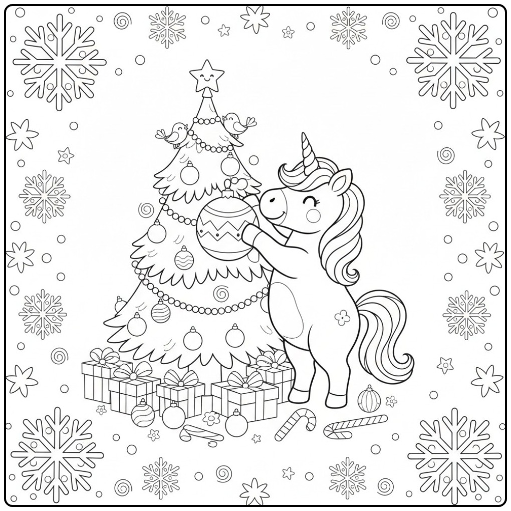 Een vrolijke en Makkelijke kerst unicorn kleurplaat met boom.