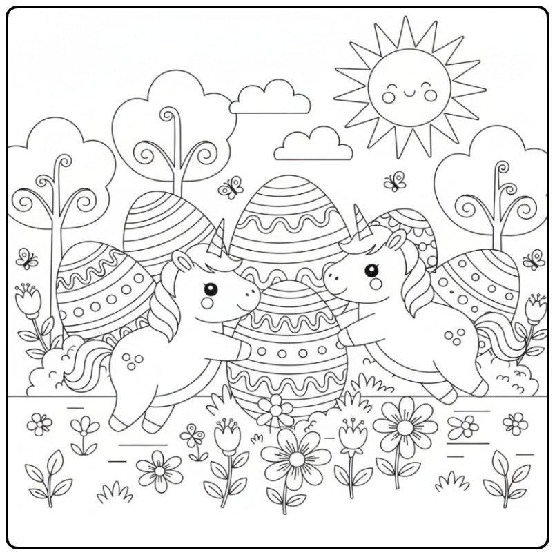 Twee eenhoorns en eieren. Makkelijke paas unicorn kleurplaat.