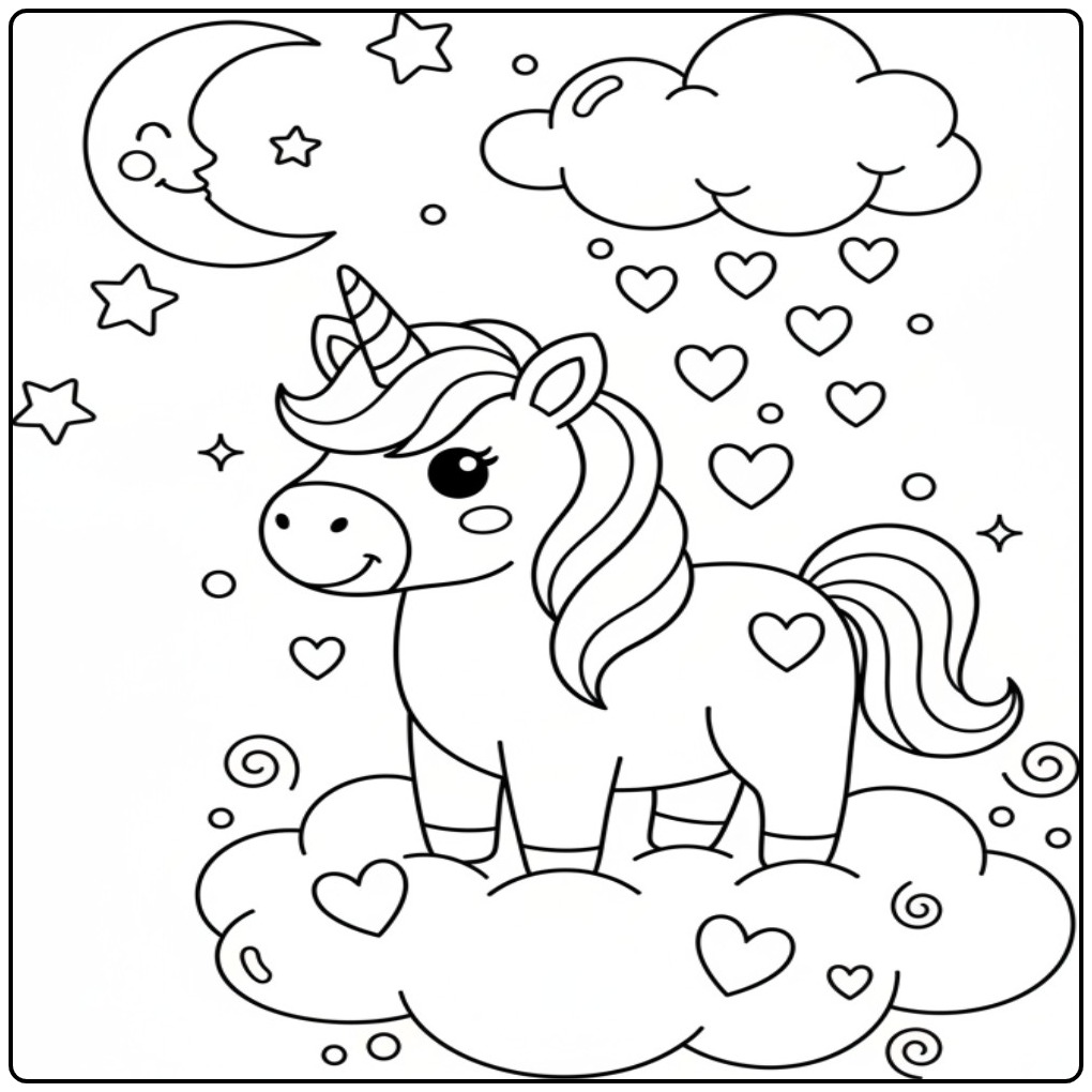 Een lieve, Makkelijke unicorn en hartjes kleurplaat op een wolk.