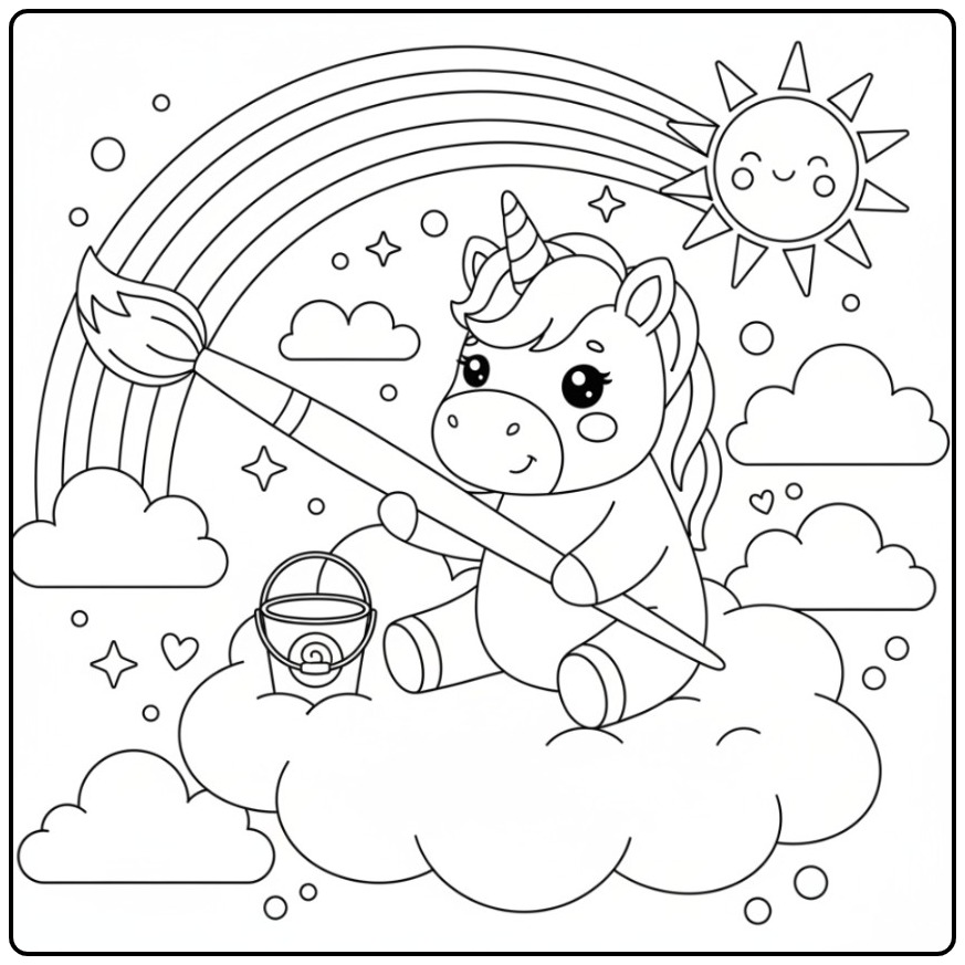 Een schattige, makkelijke unicorn en regenboog kleurplaat.