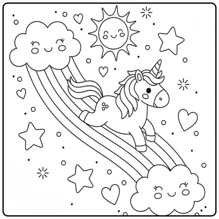Een vrolijke en Makkelijke unicorn en regenboog kleurplaat.