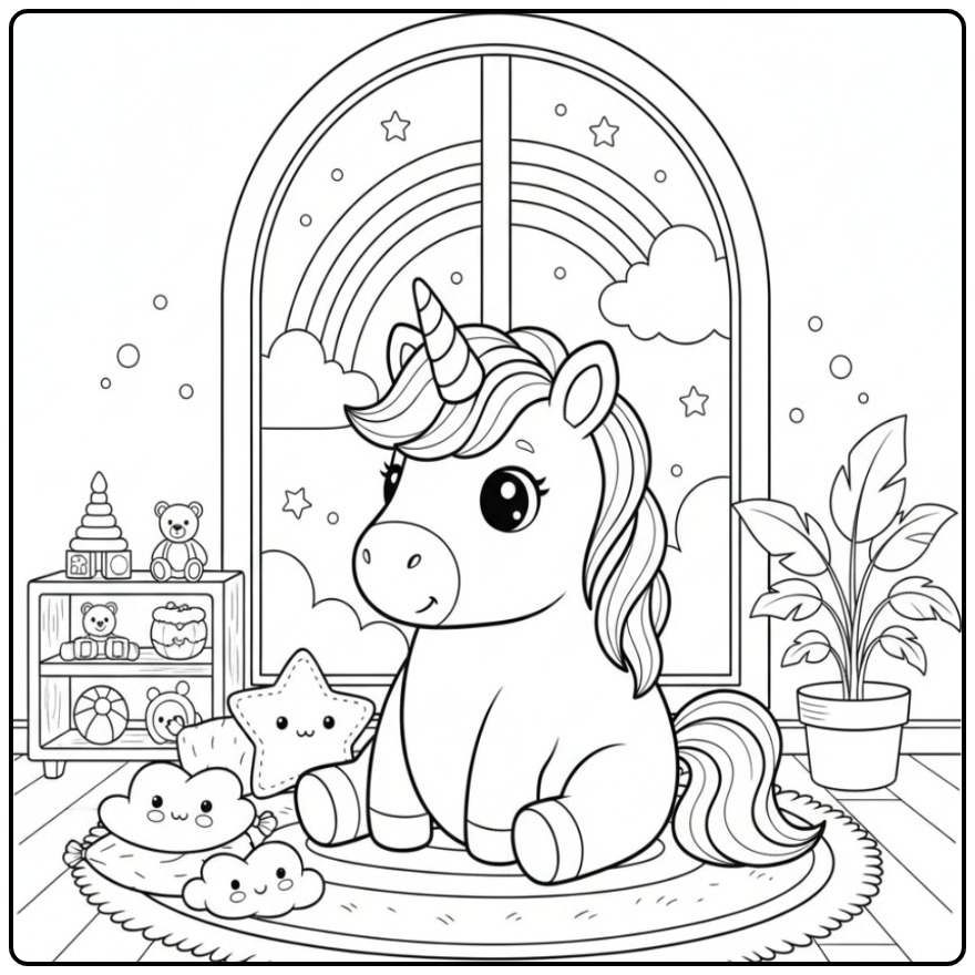 Een schattige, Makkelijke unicorn en regenboog kleurplaat.
