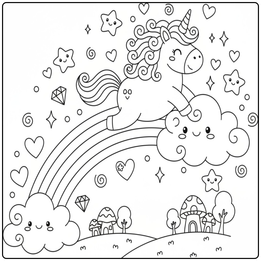 Een vrolijke Schattige eenhoorn en regenboog kleurplaat.