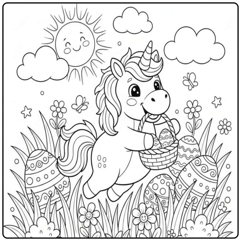 Een vrolijke en Schattige unicorn paaskleurplaat met eieren.
