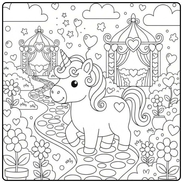 Een Schattige unicorn valentijnskleurplaat in een tuin vol hartjes.