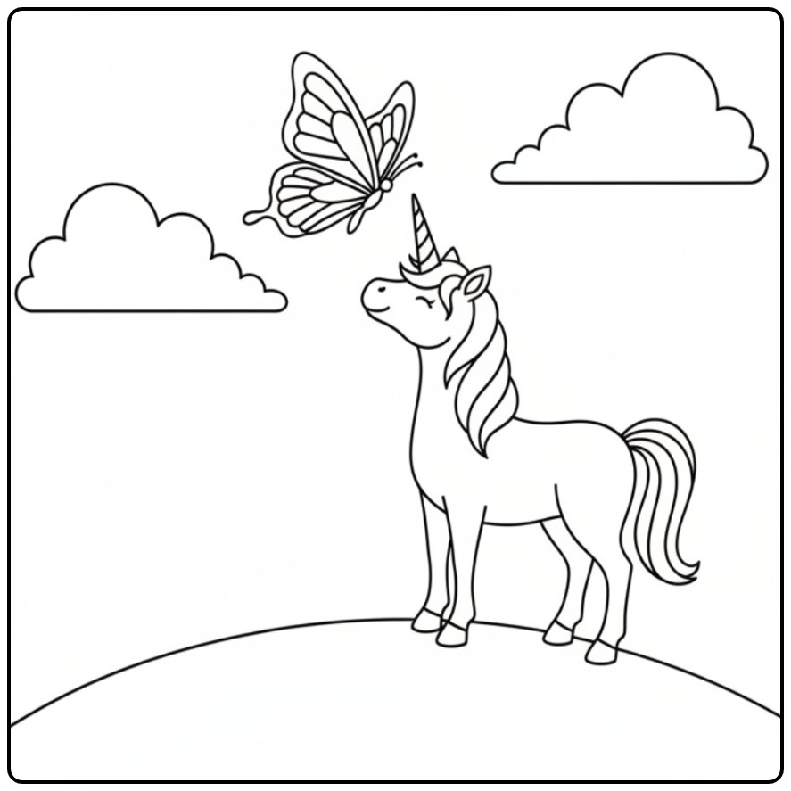 Een schattige unicorn kleurplaat makkelijk met een vlinder.