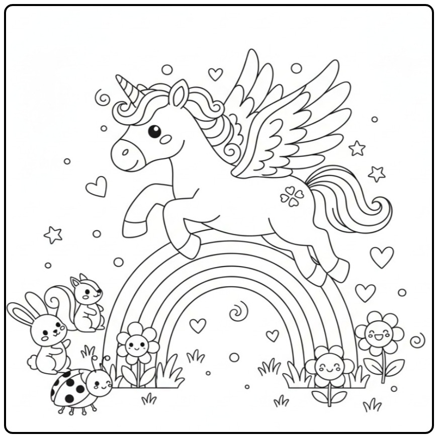 Vrolijke Kleurplaat eenhoorn met vleugels en regenboog en diertjes.