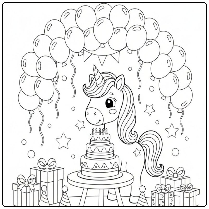 Magische Kleurplaat eenhoorn op een regenboog-verjaardagsfeest.