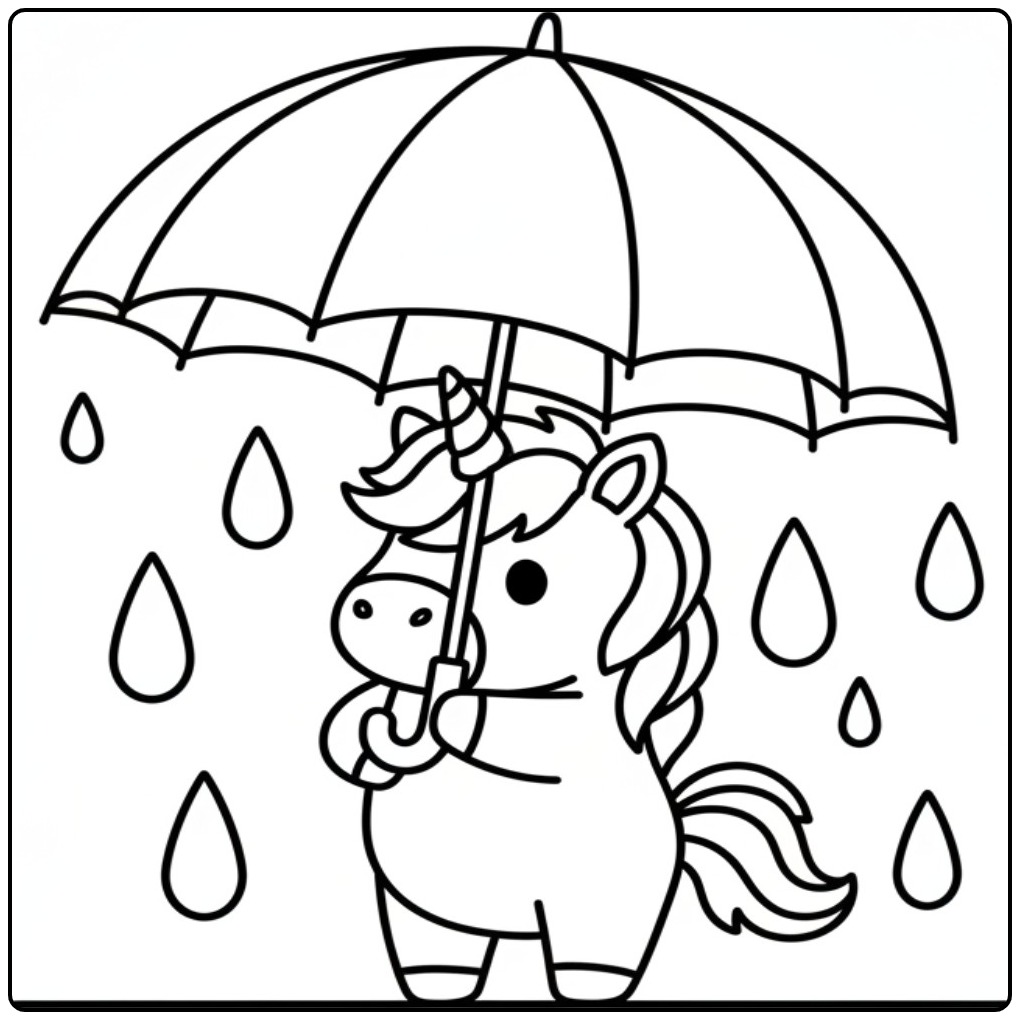 Vrolijke kleurplaat eenhoorn schattig met een grote paraplu.