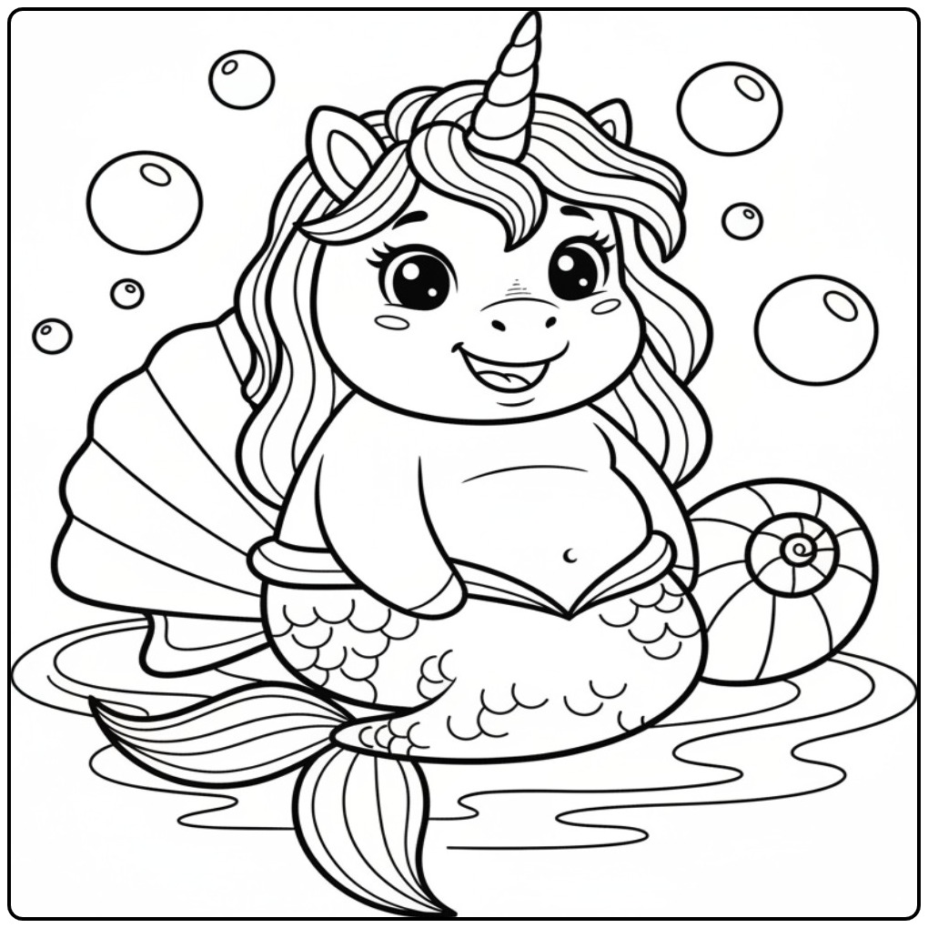 Schattige kleurplaat unicorn zeemeermin met een grote schelp.