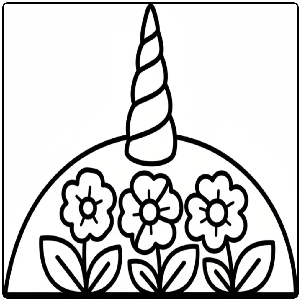 Een simpele unicorn hoorn kleurplaat met drie vrolijke bloemen.