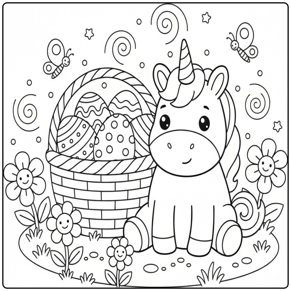 Schattige en makkelijke paas unicorn kleurplaat met eieren.