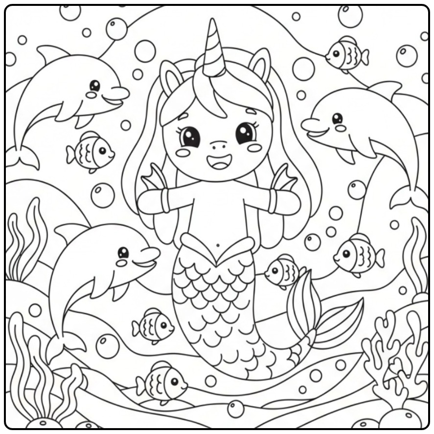 Leuke Makkelijke unicorn zeemeermin kleurplaat met dolfijnen.