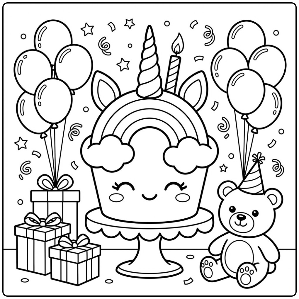 Een vrolijke Regenboog eenhoorn cupcake kleurplaat met cadeaus.