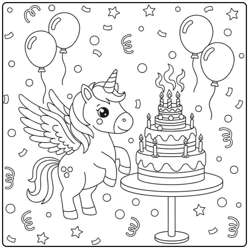 Schattige Verjaardagskleurplaat eenhoorn met vleugels en taart.