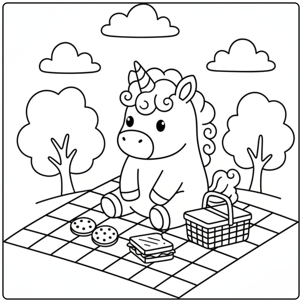 Leuke baby unicorn kleurplaat van een picknick in het park.