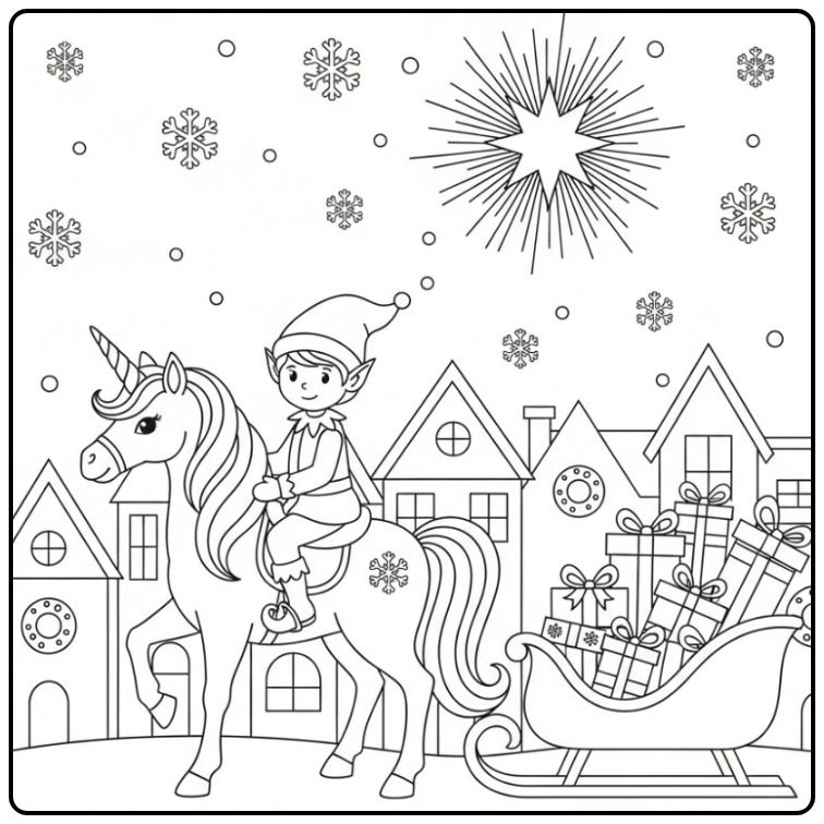 Magische winter kleurplaat elfje en eenhoorn met cadeaus.
