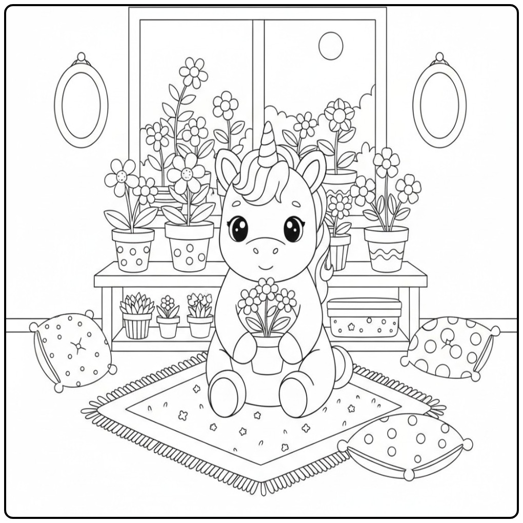 Schattige Kleurplaat baby unicorn met bloemen in een kamer.